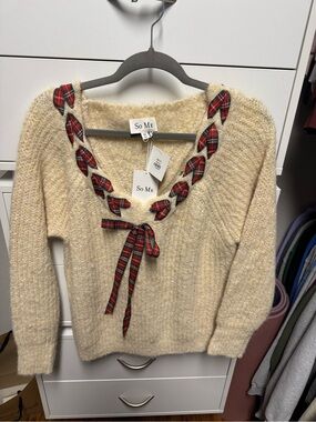 So Me Cream V-Neck Sweater with Red Plaid Ribbon Trim